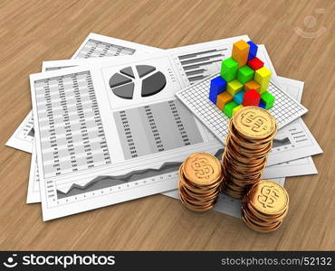 3d illustration of business charts and graph over wood background. 3d graph