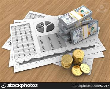 3d illustration of business charts and money over wood background. 3d blank