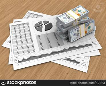 3d illustration of business charts and money over wood background. 3d blank