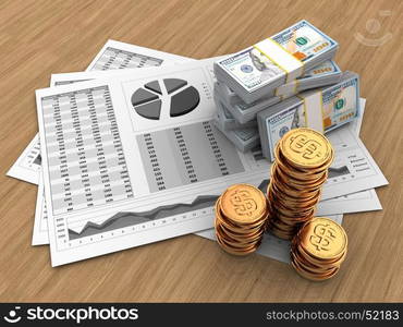 3d illustration of business charts and money over wood background. 3d business charts