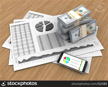 3d illustration of business charts and money over wood background. 3d business charts
