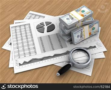 3d illustration of business charts and money over wood background. 3d money