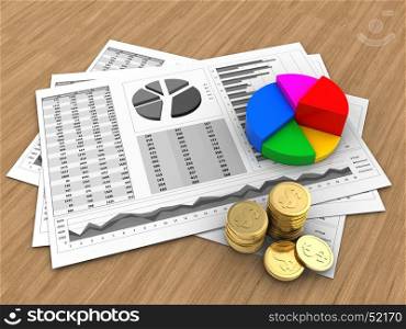 3d illustration of business charts and pie chart over wood background. 3d blank