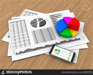 3d illustration of business charts and pie chart over wood background. 3d business charts