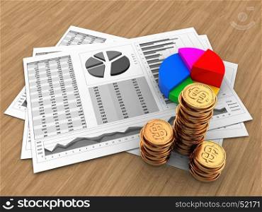 3d illustration of business charts and pie chart over wood background. 3d golden coins