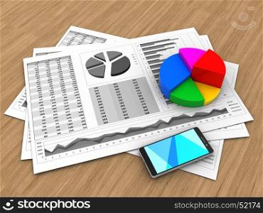 3d illustration of business charts and pie chart over wood background. 3d pie chart