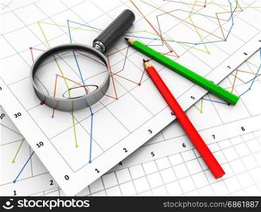 3d illustration of business diagrams and magnify glass