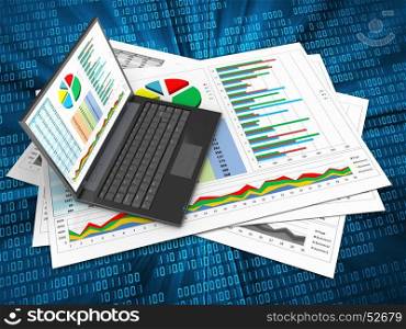 3d illustration of business documents and personal computer over digital background. 3d blank