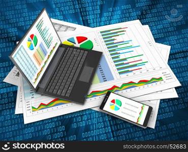 3d illustration of business documents and personal computer over digital background. 3d business documents