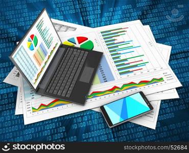 3d illustration of business documents and personal computer over digital background. 3d personal computer