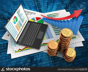 3d illustration of business documents and personal computer over digital background with arrow graph. 3d business documents