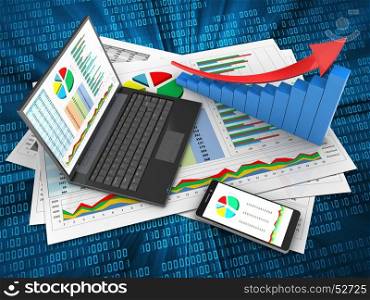 3d illustration of business documents and personal computer over digital background with arrow graph. 3d arrow graph