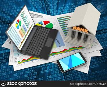 3d illustration of business documents and personal computer over digital background with bank. 3d bank