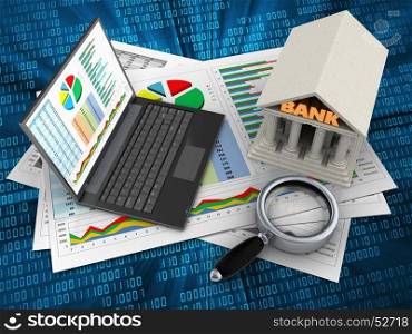 3d illustration of business documents and personal computer over digital background with bank. 3d personal computer