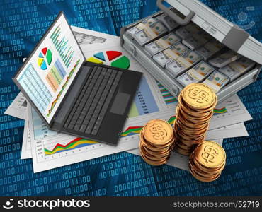 3d illustration of business documents and personal computer over digital background with case. 3d case