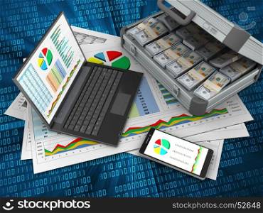 3d illustration of business documents and personal computer over digital background with case. 3d phone