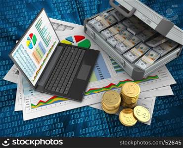 3d illustration of business documents and personal computer over digital background with case. 3d business documents