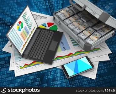 3d illustration of business documents and personal computer over digital background with case. 3d business documents