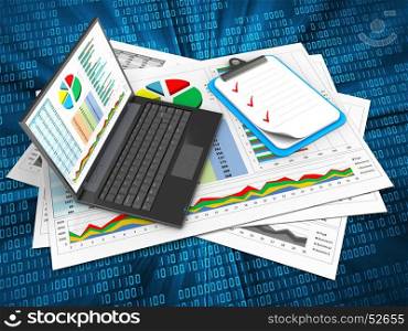 3d illustration of business documents and personal computer over digital background with clipboard. 3d clipboard