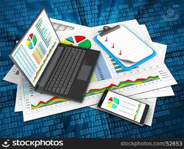 3d illustration of business documents and personal computer over digital background with clipboard. 3d phone