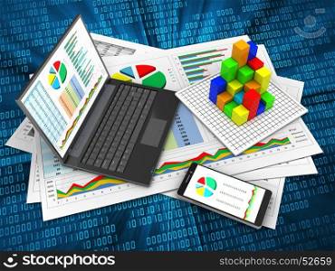 3d illustration of business documents and personal computer over digital background with graph. 3d graph