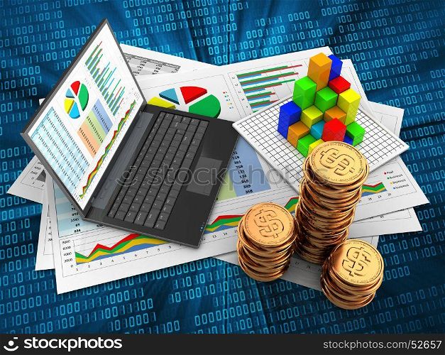 3d illustration of business documents and personal computer over digital background with graph. 3d golden coins