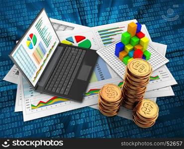 3d illustration of business documents and personal computer over digital background with graph. 3d golden coins