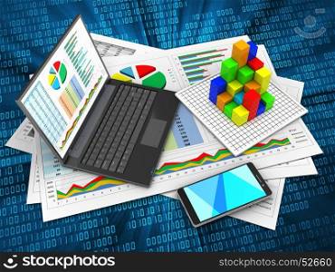 3d illustration of business documents and personal computer over digital background with graph. 3d personal computer