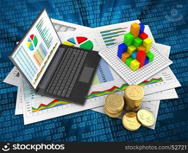 3d illustration of business documents and personal computer over digital background with graph. 3d personal computer