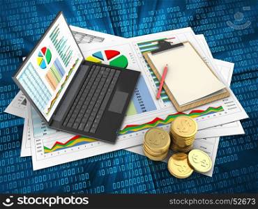 3d illustration of business documents and personal computer over digital background with note. 3d coins