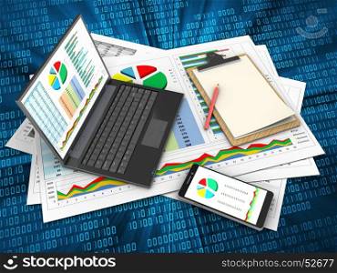 3d illustration of business documents and personal computer over digital background with note. 3d phone
