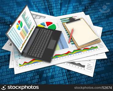 3d illustration of business documents and personal computer over digital background with note. 3d business documents