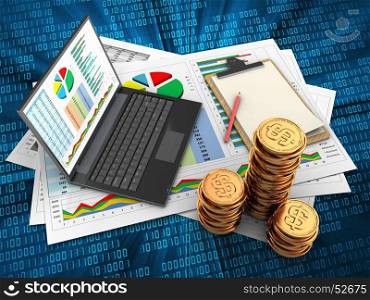 3d illustration of business documents and personal computer over digital background with note. 3d golden coins