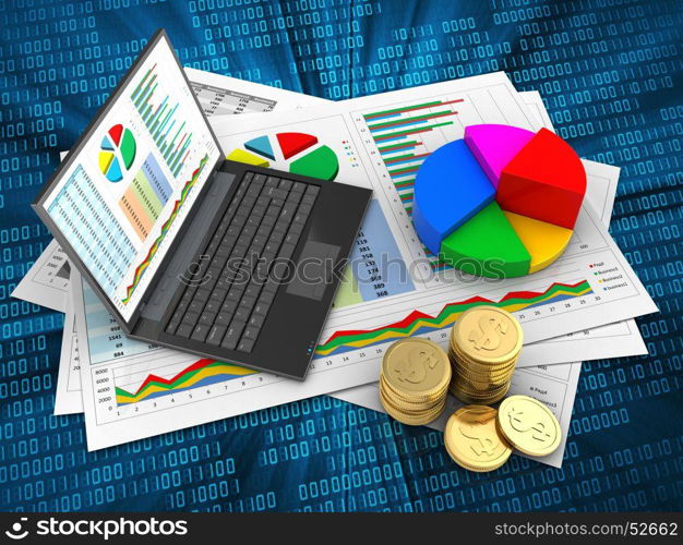 3d illustration of business documents and personal computer over digital background with pie chart. 3d pie chart
