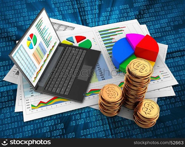 3d illustration of business documents and personal computer over digital background with pie chart. 3d golden coins