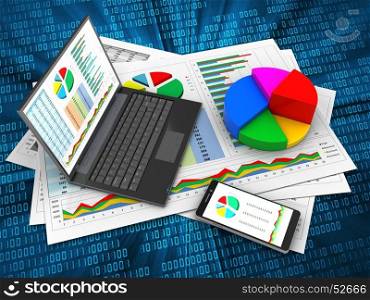 3d illustration of business documents and personal computer over digital background with pie chart. 3d business documents