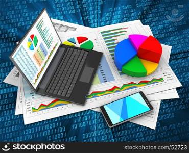 3d illustration of business documents and personal computer over digital background with pie chart. 3d personal computer