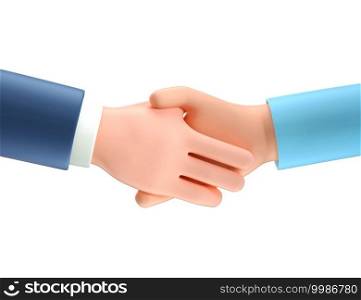 3D illustration of business handshake. Cartoon shaking human hands, isolated on white background. Successful agreement, deal concept, contract partnership.