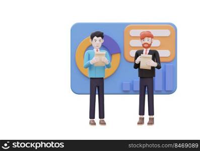 3D illustration of business man,  thinking about investing and business ,businessman celebrating success, working in office, isolated on white.