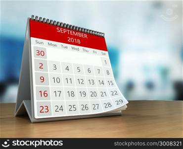3d illustration of calendar on table desktop in office, september 2018 page