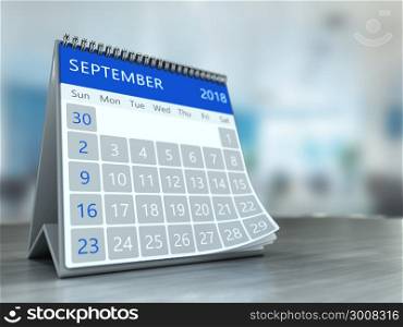 3d illustration of calendar over office background, september 2018 page