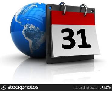 3d illustration of calendar with earth globe, over white background