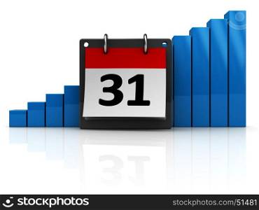 3d illustration of calendar with raising charts over white background