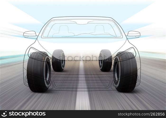 3D illustration of car like outline on road with high speed