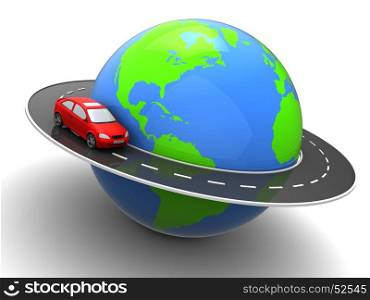 3d illustration of car on road around earth globe