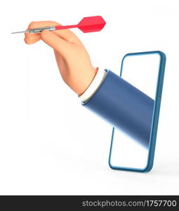 3D illustration of cartoon businessman hand holding a dart hitting the target through smartphone screen. Concept of choice of strategy, objective attainment, reaching goals, mobile application.