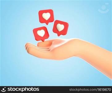 3D illustration of cartoon human hand and like heart icons on a red pins flying around over palm. Social media concept, web icon, like notifications, isolated on blue background.