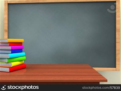 3d illustration of chalkboard with and pile of literature. 3d teacher desk