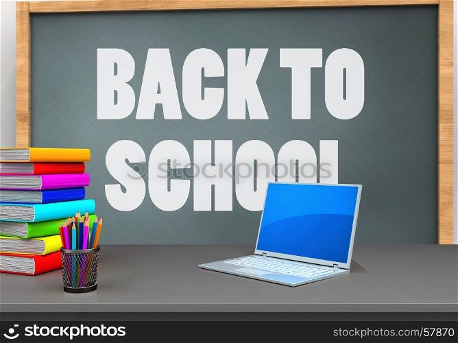 3d illustration of chalkboard with back to school text and computer. 3d computer