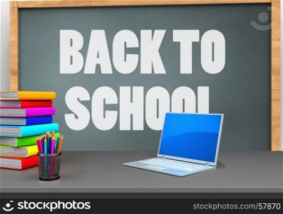 3d illustration of chalkboard with back to school text and computer. 3d computer